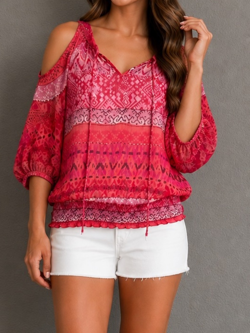 BCX Sheer Blouse Top w/ bare shoulder cutouts pink/white/coral size Small
